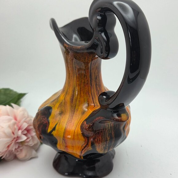 VTG Canadian Pottery Evangeline Pitcher Jug Drip Glaze Orange Brown Black MCM - Picture 2 of 13
